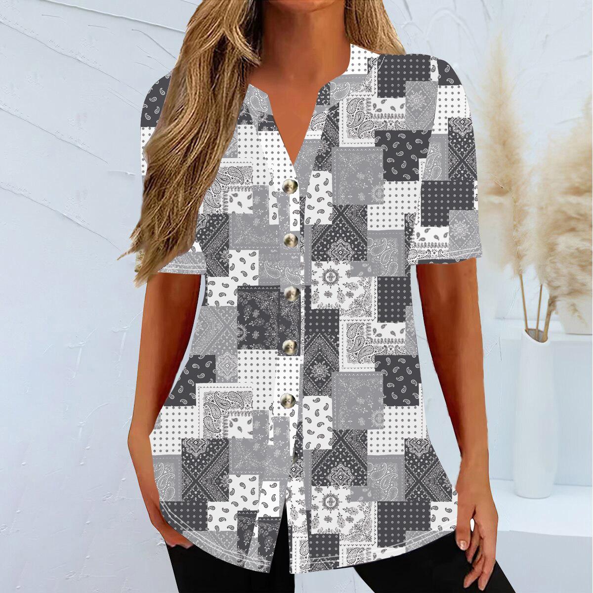 

Женская футболка свободного покроя с коротким рукавом и V-образным вырезом, свободного покроя, с этническим принтом, большого размера 3XL серый