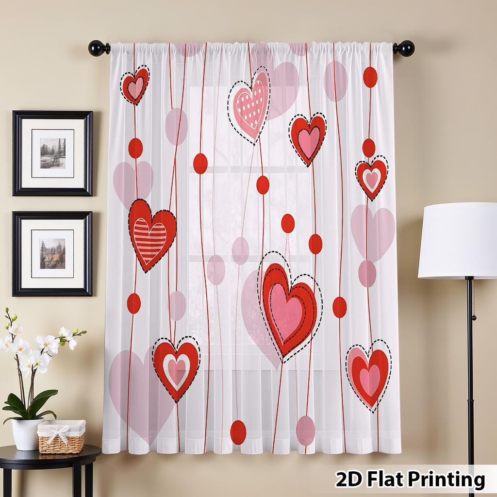 Romantic Red Pink Heart Shaped Window Curtain Single Piece Valentine Day Bedroom Decorative Cool Sweet Curtains Polyester With Rod Pocket Decor