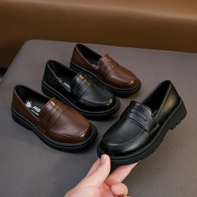 Children's Black Boys UK Uniform School Shoes Fashion Soft Kids Versatile Girls Shalow Loafers Slip-on Breatheable 2024 Spring