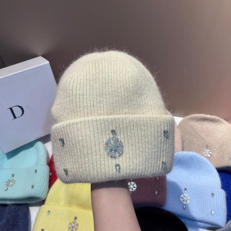 Winter Warm Knit Hat Rabbit Fur Faux Snowflake Rhinestone Earflap Beanie Fashionable Soft