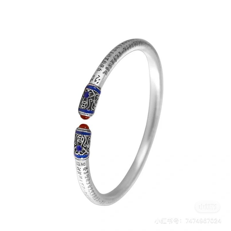 Enamel Heart Sutra Bracelet for Women, Vintage Open Bangle, Ethnic Style, Retro Artistic Personality, National Trend Bracelet, Burnt Blue