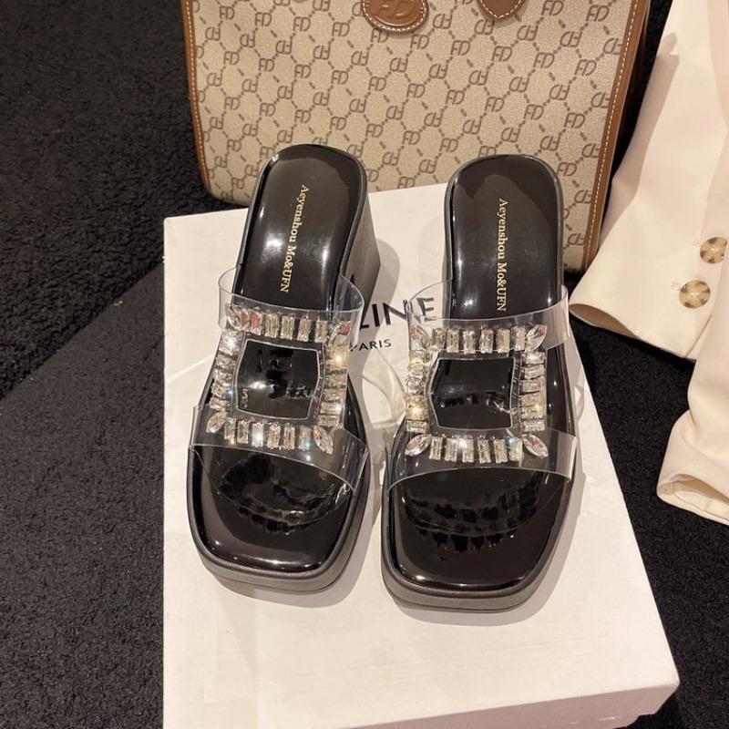 thick-soled high-heeled cool slippers for women, new large-size fashion one-word drag rhinestone women's slippers