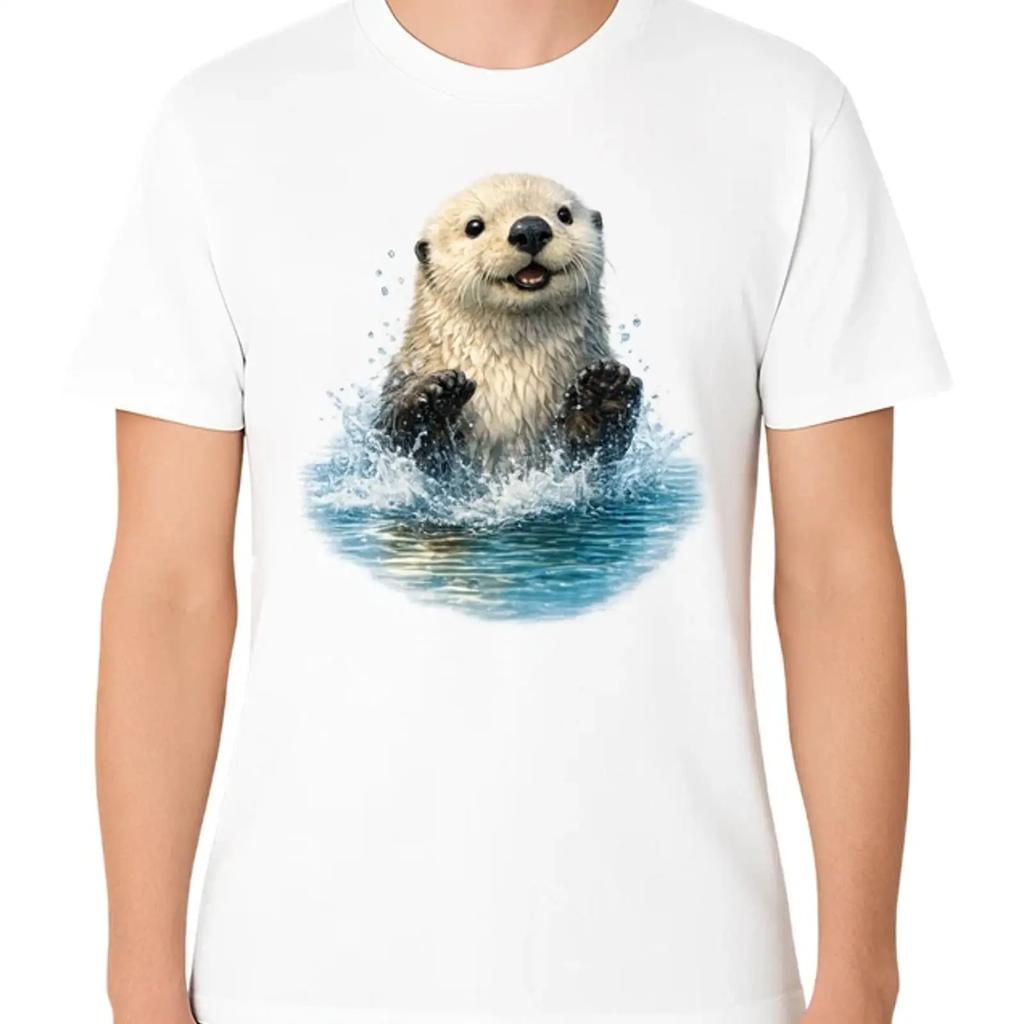 Cute Sea Otter Splashing T Shirt Marine Wildlife Lover Vintage Washed Graphic Slightly Homme Casual Unisex Versatile Soft