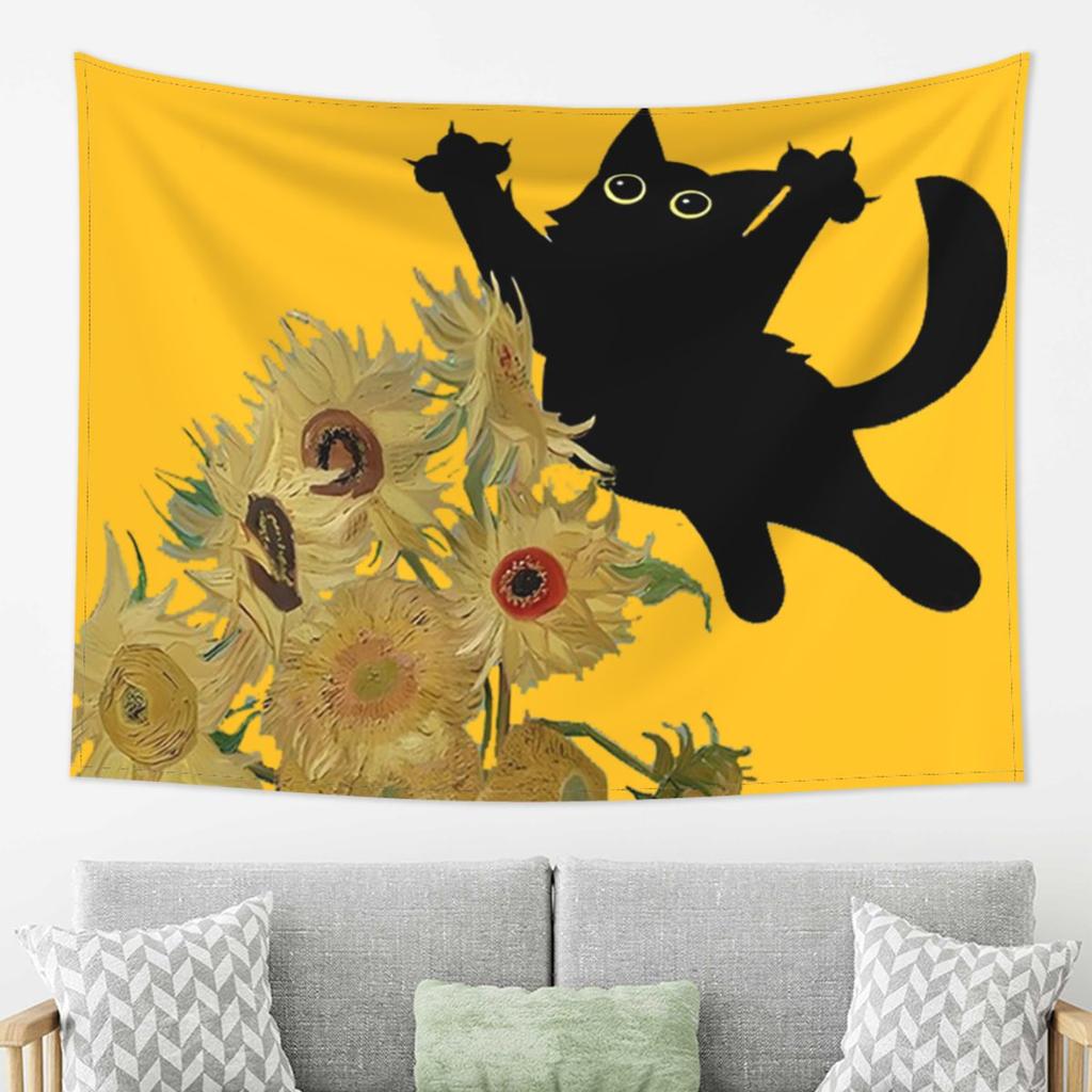 Vincent Van Gogh Blumen Katze Wandteppich Wandbehang Ästhetische Heimdekoration Wandteppiche für Schlafsaal