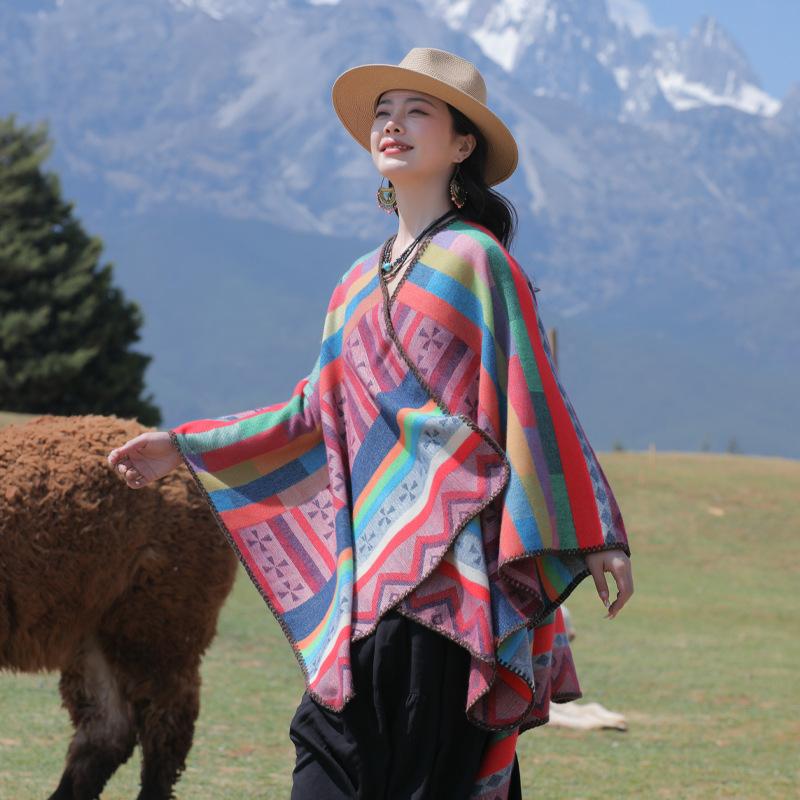 Spring Autumn New Artistic Retro Ethnic Style Waist Shawl Women's Fashion Warm Geometric Puzzle Split Scarf