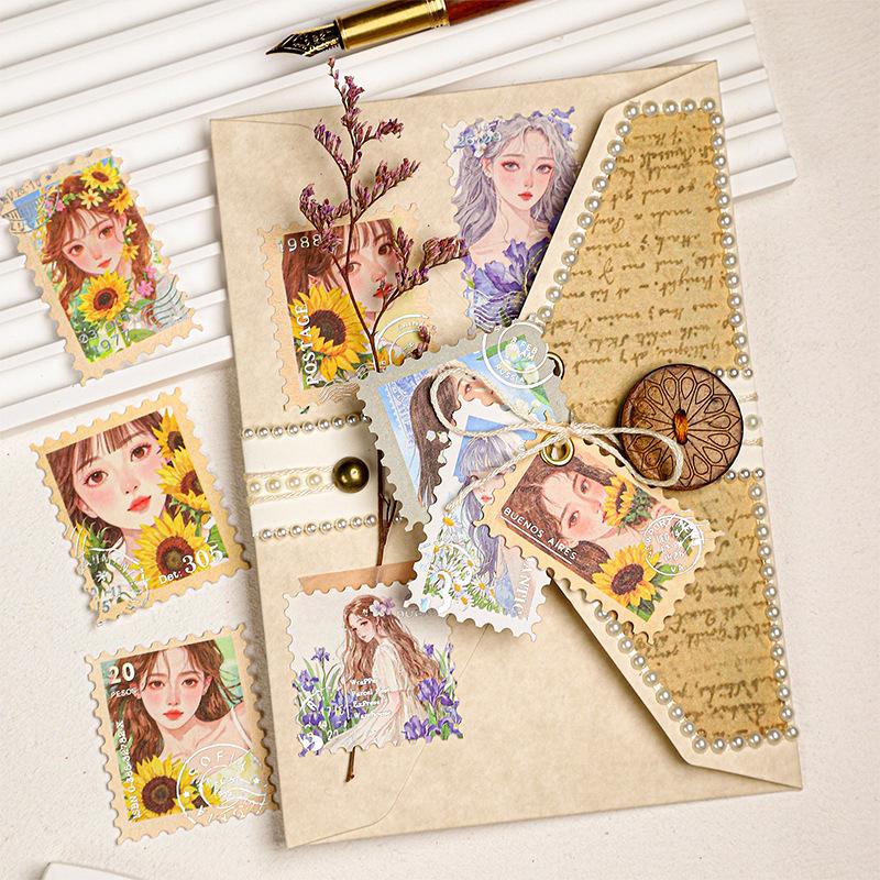 Sweet Cartoon Girl Stamp Style Decor Stickers, 20pcs, Girlish Heart Journal Diary DIY Material, Student Stationery