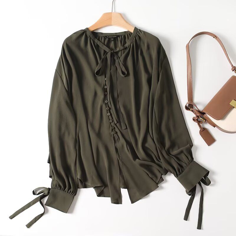 

MD Women clothes French style New Design Temperament Bow Ribbon Long sleeve Shirts Top 05148748529 Dark green L