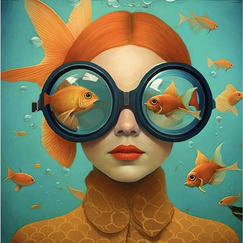 Surrealist Female Portrait Oil On Canvas Wall Art Fantastic Fantasy Fish and Girl Poster Printed Living Room Home Decor