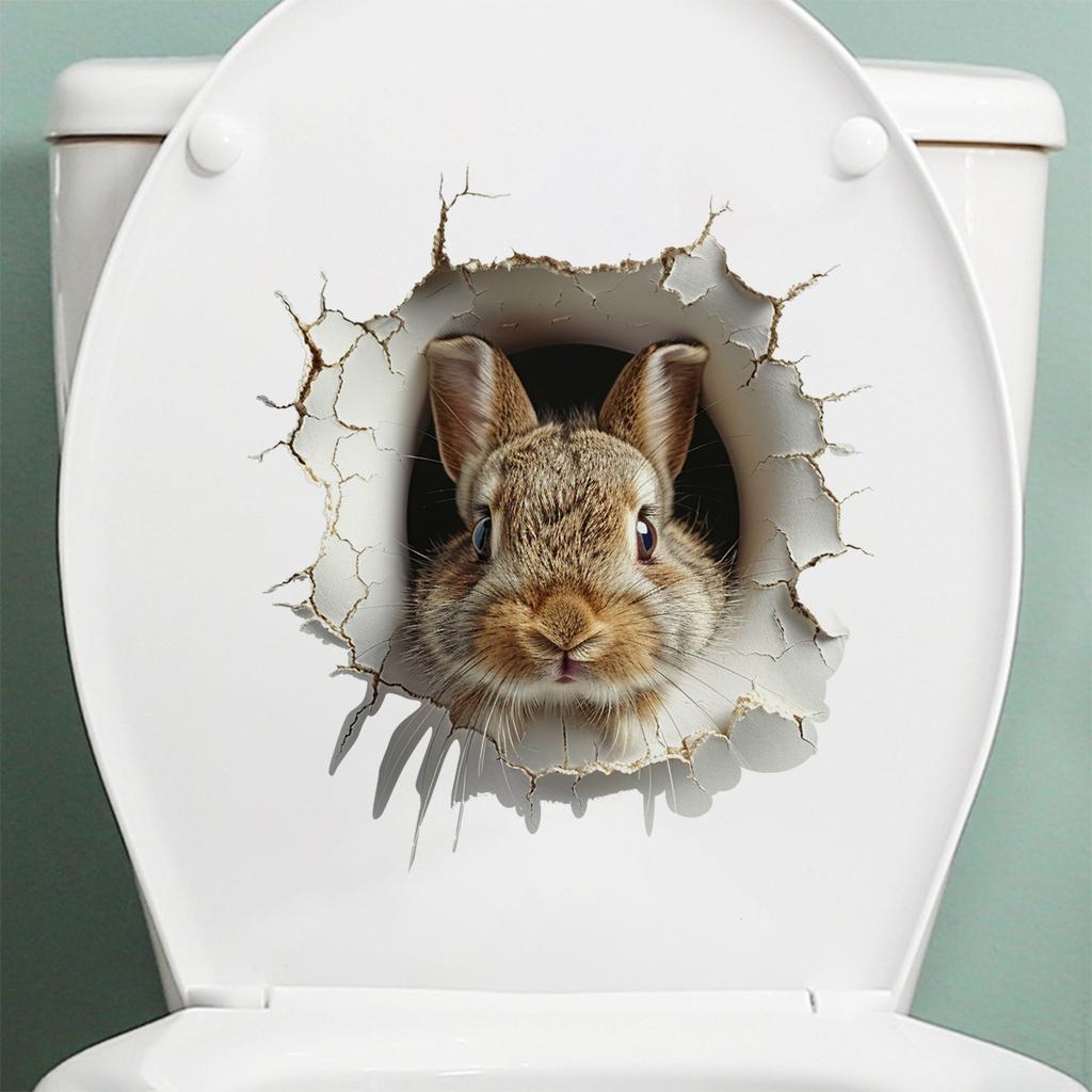 3D Peeking Bunny Toilet Stickers, Cute Breaking Wall Rabbit Waterproof Removable Self-Adhesive