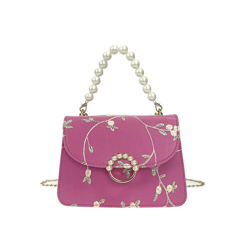 Genți de mână din dantelă dulce pentru femei Genți de mână încrucișate din piele Pu pentru femei, cu lanț de flori proaspete, genți de umăr cu cataramă de perle Mini genți