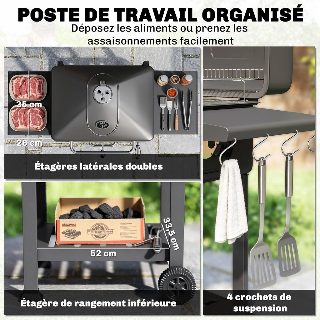 Charcoal Barbecue Cart, XXL Lid, Adjustable Vents, 112 Cm, Black