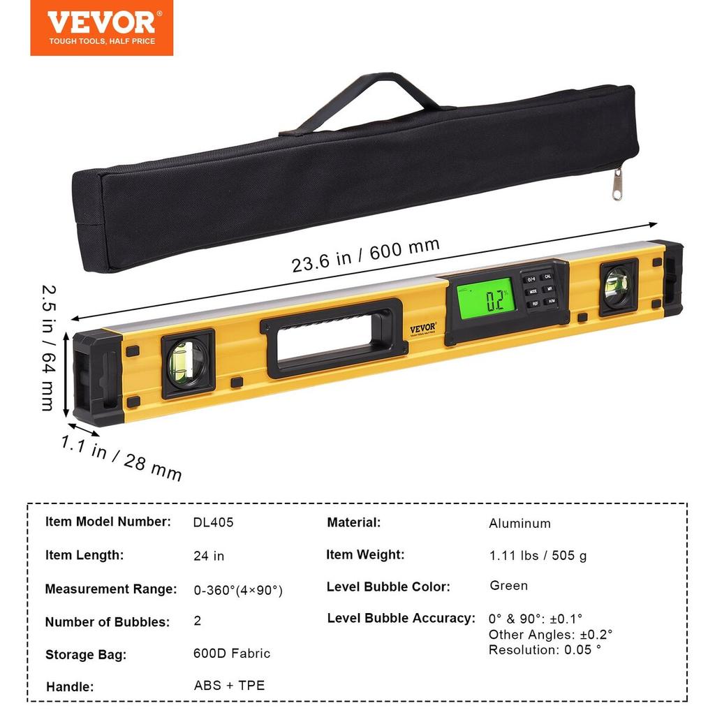 Magnetic Torpedo Level, 600mm, LED Backlit Screen Mechanical Bubble Vials Ruler for 0-360 Degree, Gravity Sensor Aluminum Alloy Leveler Tool w/