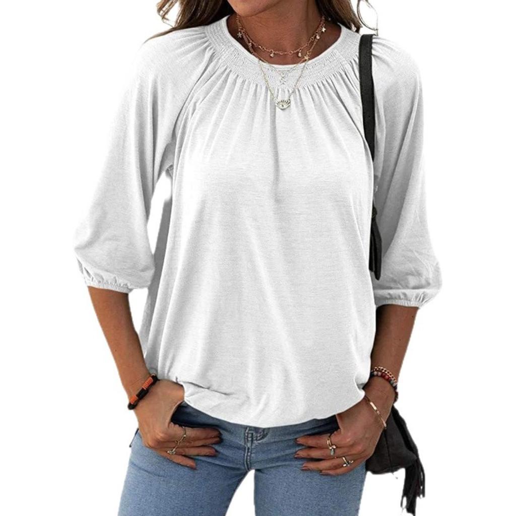 חולצת טי נשים קיץ אביב צווארון עגול רפויה שרוול 3/4, טופ קז'ואל אלגנטי לנשים