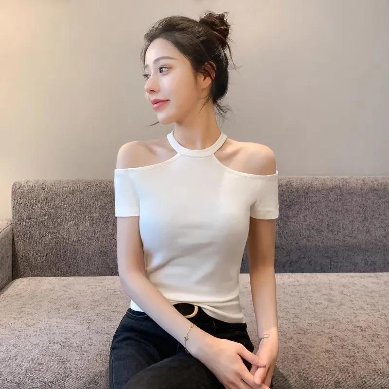 Women Black Halter Neck Cold Shoulder Short Sleeve Slim Top
