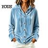 Button Down Coat Women Front Velvet Hoodie, Long Sleeve Hooded Jacket, Soft Outerwear Loose Fit Casual Drawstring for Autumn Winter Apparel