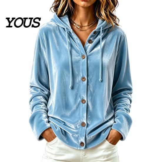 Button Down Coat Women Front Velvet Hoodie, Long Sleeve Hooded Jacket, Soft Outerwear Loose Fit Casual Drawstring for Autumn Winter Apparel