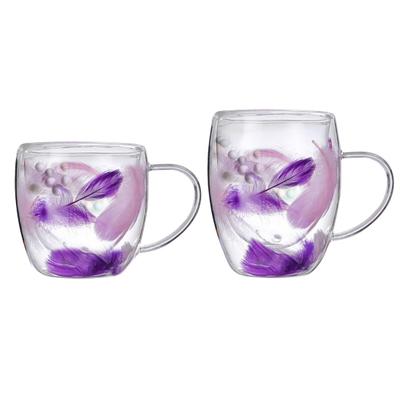 Dvoustěnný skleněný hrnek na kávu 250/350 ml péřový designový hrnek s rukojetí Izolovaný pohodlný úchop proti opaření