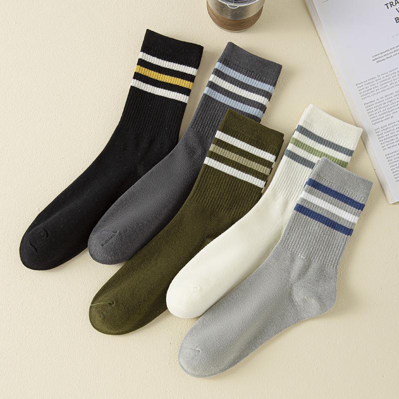 5/10 Pairs Striped Contrast Socks for Men Colour Blocked Sports Mid Calf Socks Spring Autumn Season Breathable Sweat Absorbing Student Cotton Socks