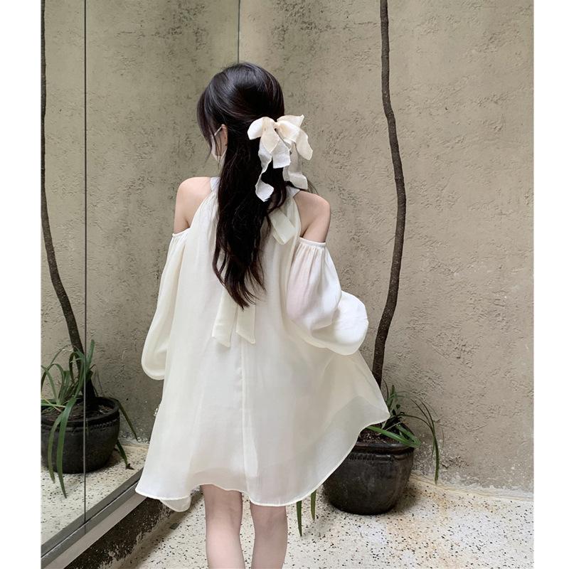 Women's Off-Shoulder Halter Neck White A-Line Dress - Autumn 2025 Fashion