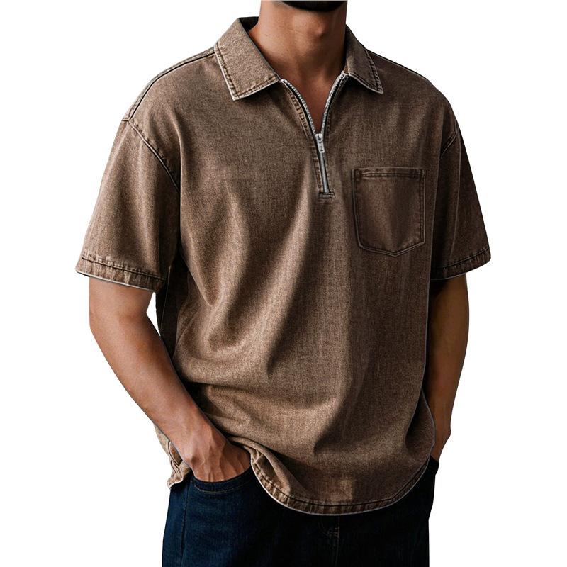 

Mens Casual Washed Denim Half Zip Polo Collar Short Sleeve Shirt With Pocket S коричневий