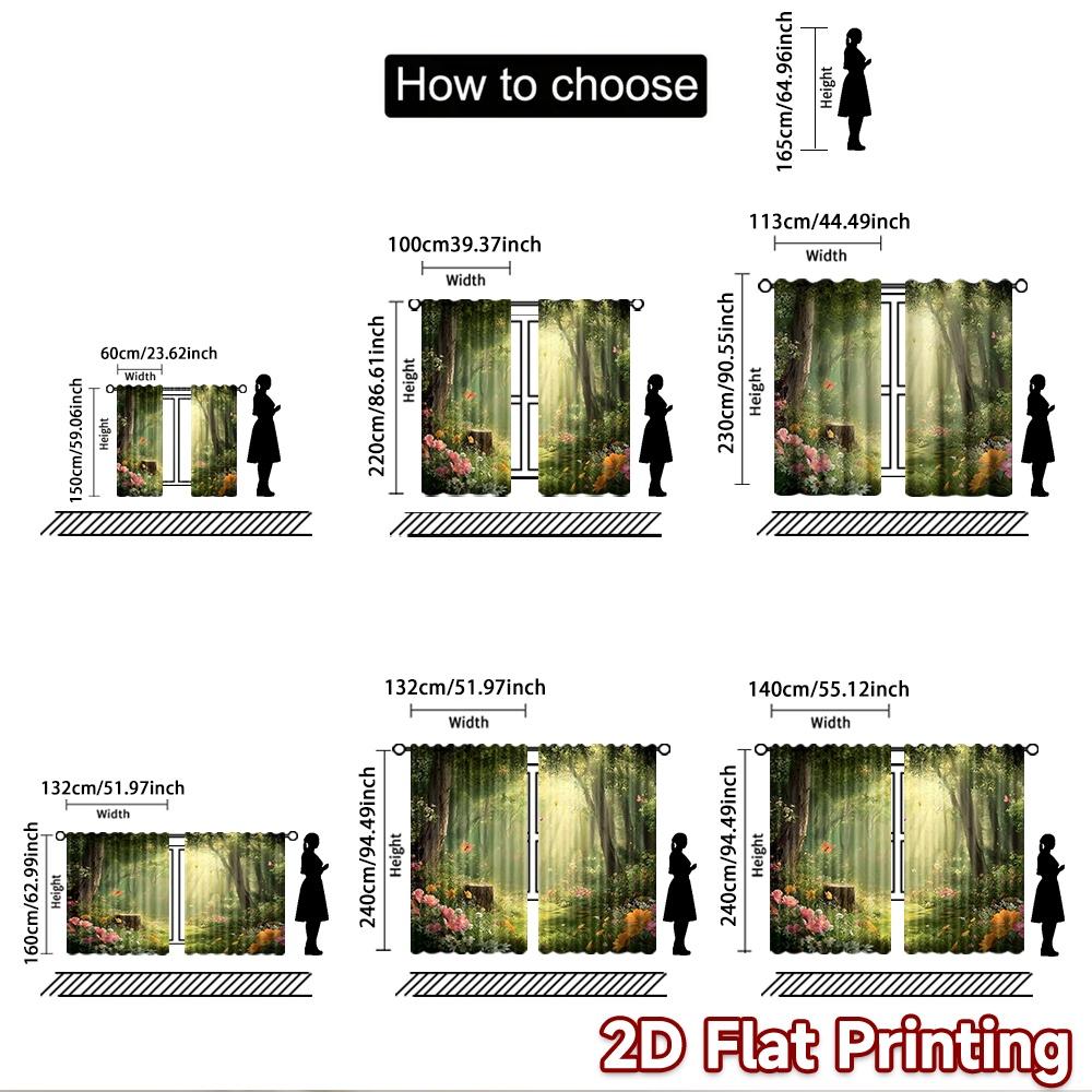 2D flat printing 2pcs Window Curtains Enchanted Forest Butterflies Sunlight Meadow Digital Printed Polyester Drapes Seasonal