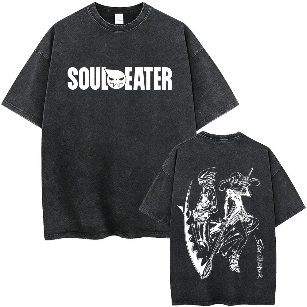 Washed Vintage Anime Soul Eater Maka Albarn Soul Evans Graphic Tshirt Mens Retro Manga T Shirts Men Cotton Oversized Tshirts