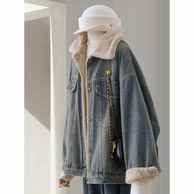 Women's Retro Velvet-Lined Denim Jacket, Oversized & Casual for Autumn/Winter 2025