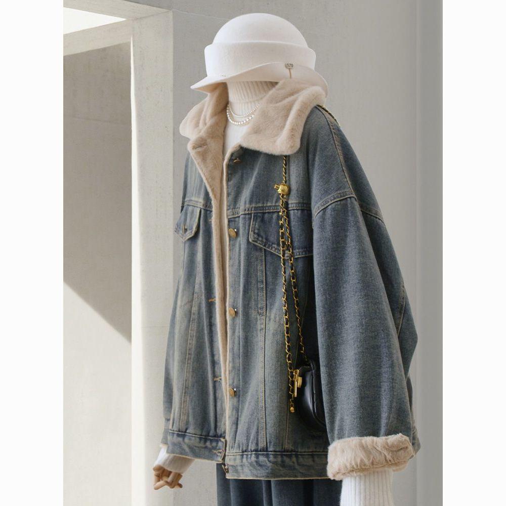 Women's Retro Velvet-Lined Denim Jacket, Oversized & Casual for Autumn/Winter 2025