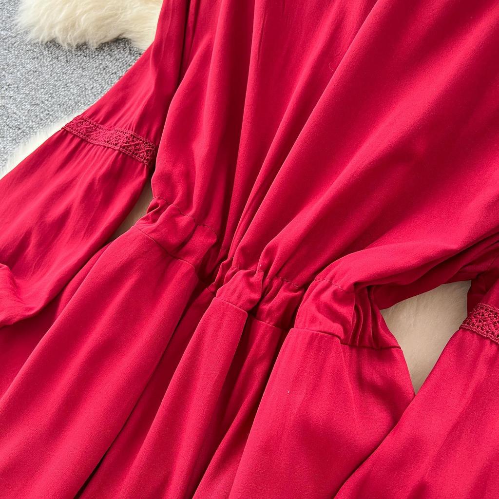 Robe d'été française vintage ethnique pour femmes, dentelle brodée, élégante, manches longues, ample, décontractée, maxi, robe de soirée