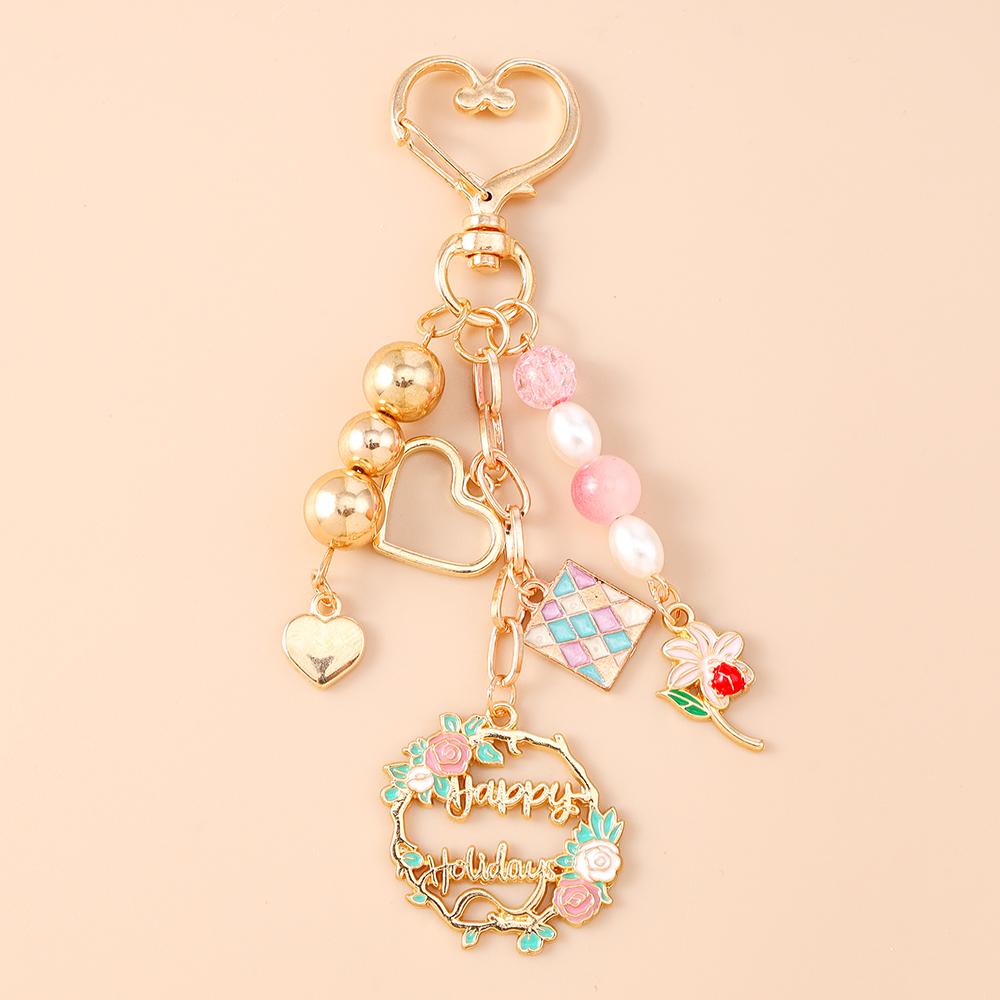 Cute Enamel Flower Butterfly Keychain Women Girls Beads Pearl Key Ring Pendants for Handbag Decor DIY Handmade Jewelry Gifts