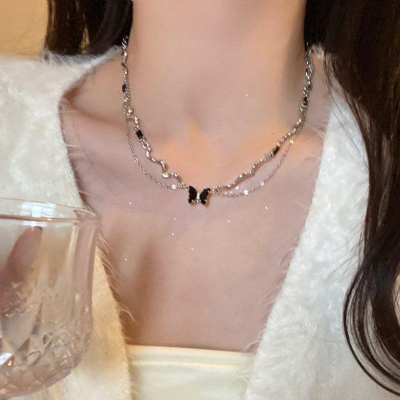 Dark Babes~ Wind Double Layer Black Butterfly Necklace Female Collarbone Chain Female Premium Niche Design