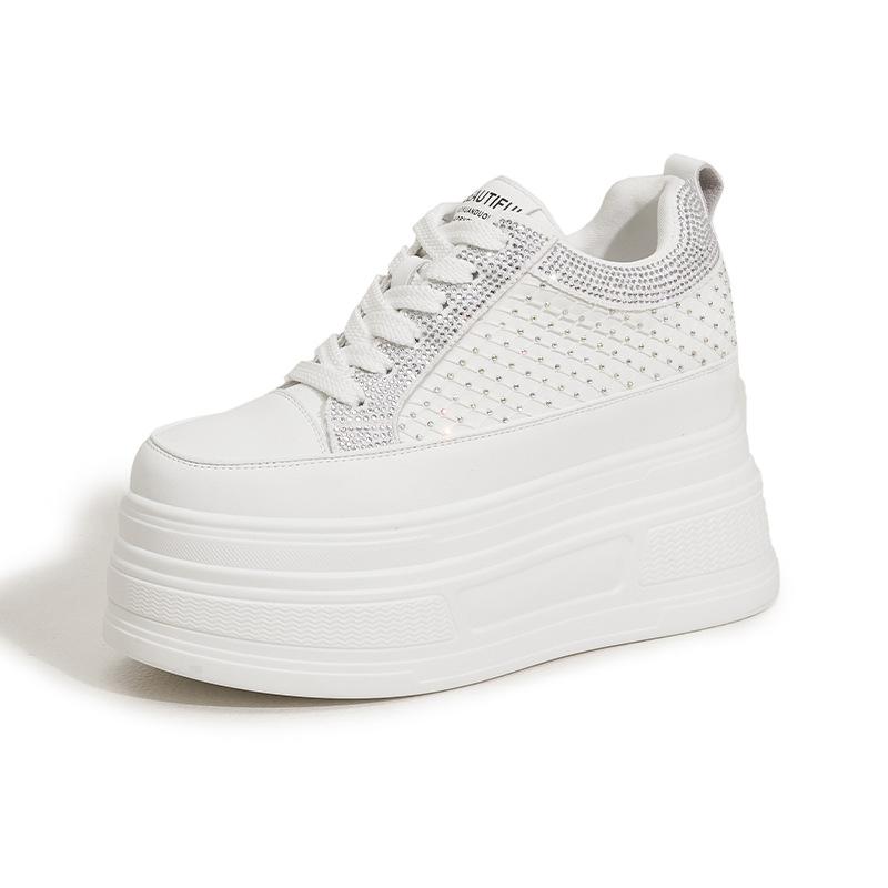 Platform White Shoes Women's Spring and Summer 2025 New Rhinestone Fashion Versatile Casual Shoes Small Inner Height Increase Women's Shoes
