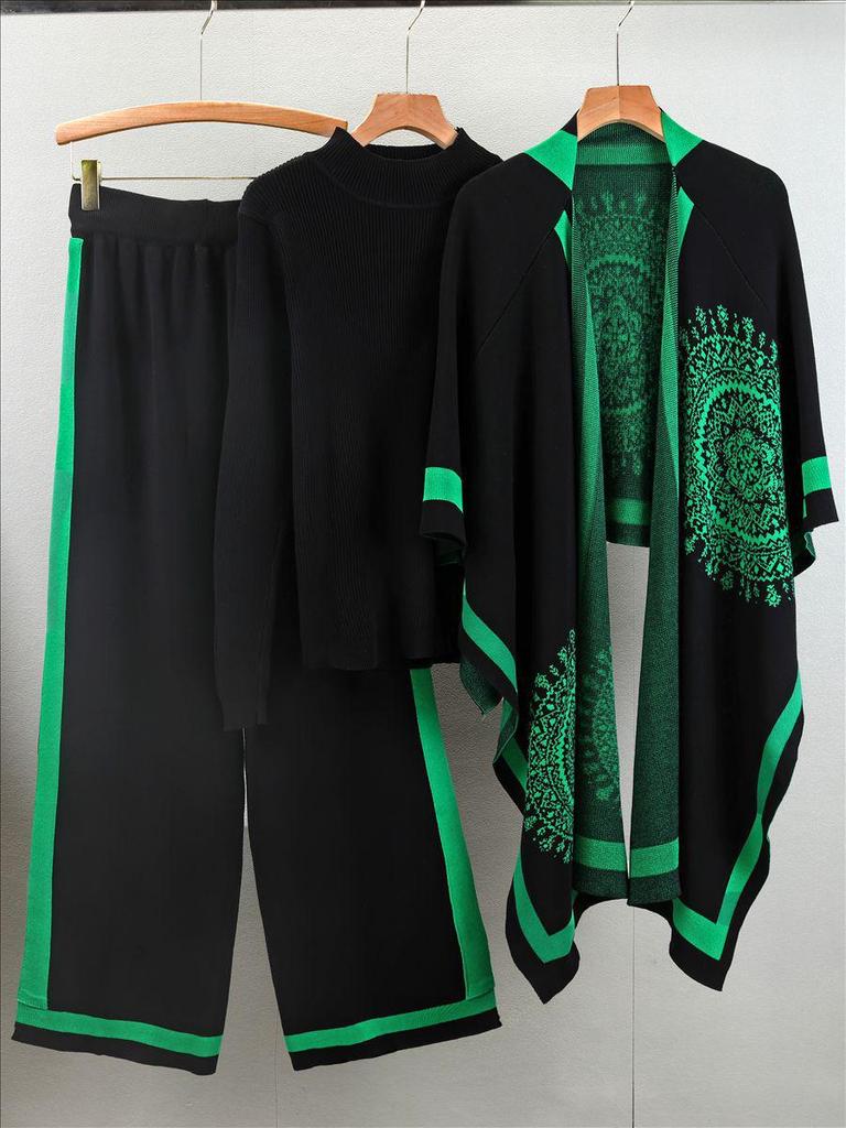 Women's Autumn Casual Three-Piece Set: Knitted Cardigan, Shawl Cape, Wide-Leg Pants
