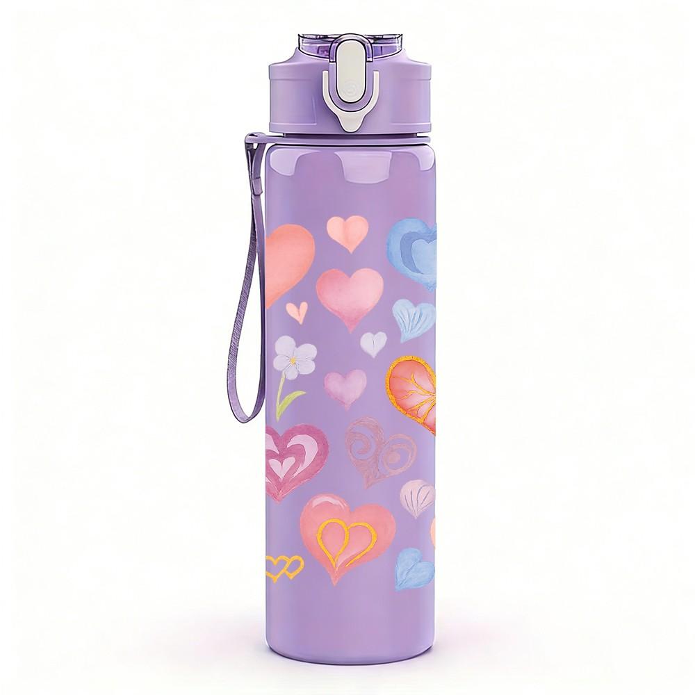 1PC Mixed Pastel Heart Love Pattern Print 750ml Color Plastic Sports Water Bottle Leakproof Flip Straw Lid Suitable for Sports Office Home Use