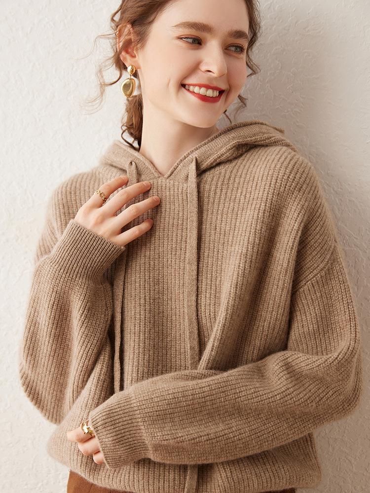 Women's Super Thick Cashmere Knit Hoodie - Autumn/Winter Long Sleeve Loose Casual Pullover Sweater