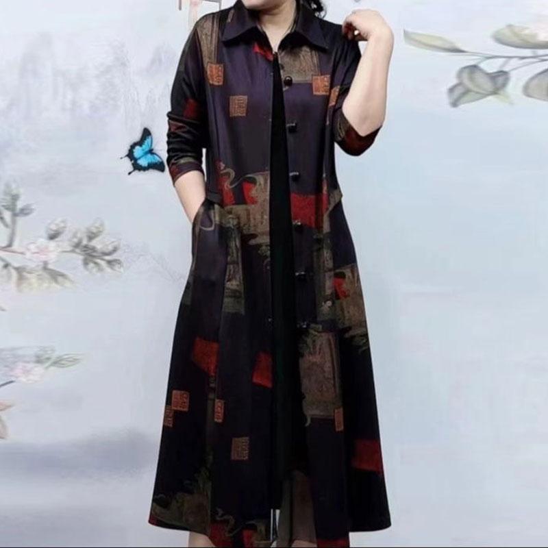 Casual Vintage Printed Midi Trench Female Clothing Single-breasted Spring Autumn Turn-down Collar Long Sleeve Straight Jackets