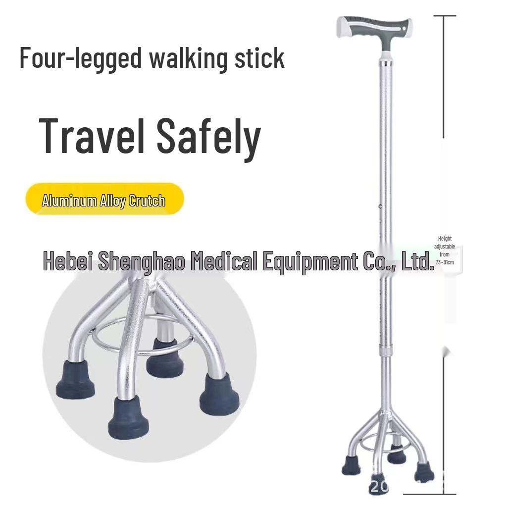 Adjustable Height Lightweight Aluminum Quad Cane with Non-Slip Base for Elderly