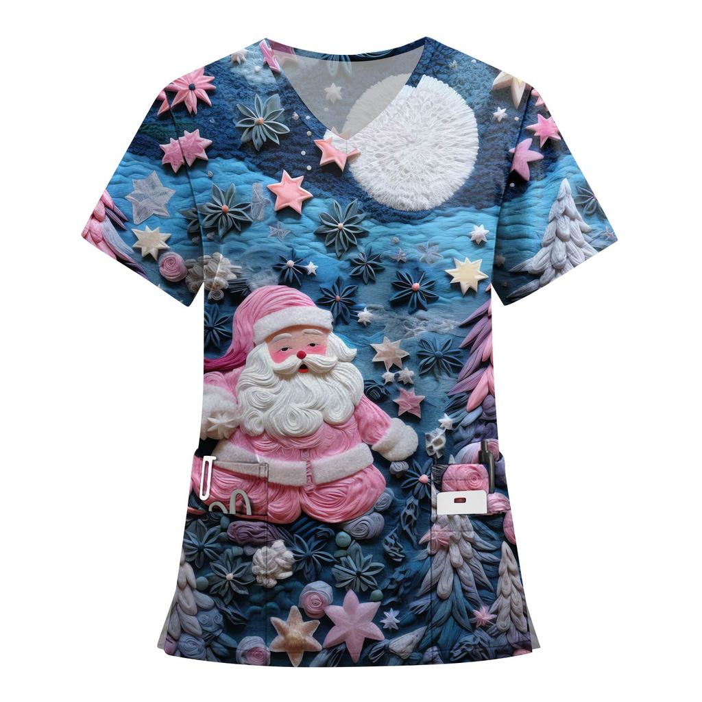Women's Fashion Printed Short Sleeve V Neck Pattern Tops Pocket Working T-shirts
