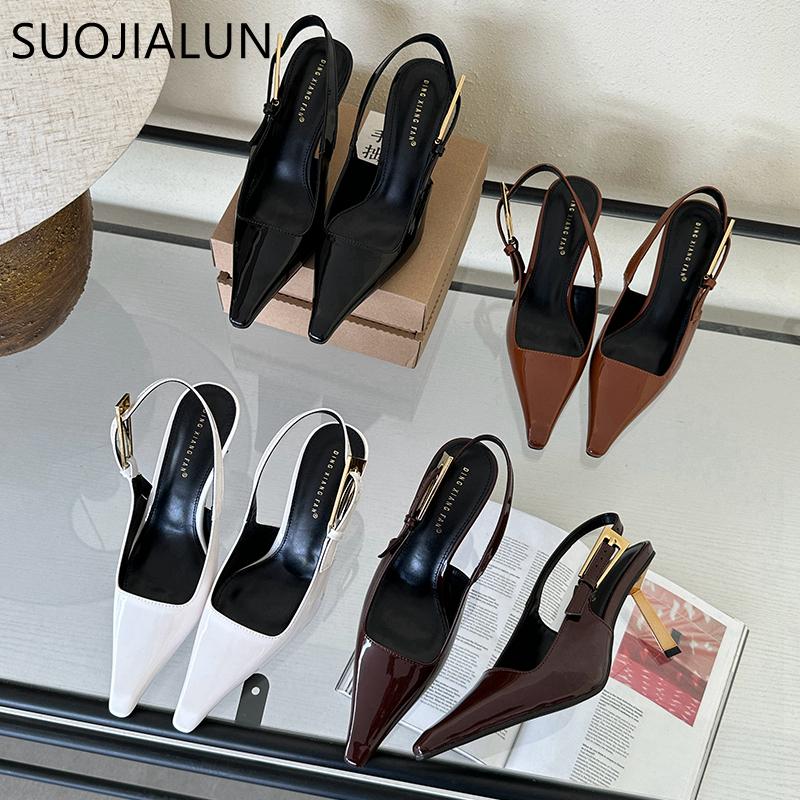 Fashion SUOJIALUN 2024 Spring New Band Women Pumps Shoes Fashion Shallow Slip On Slingback Sandals Thin High Heel Dress Sexy Pumps Shoes