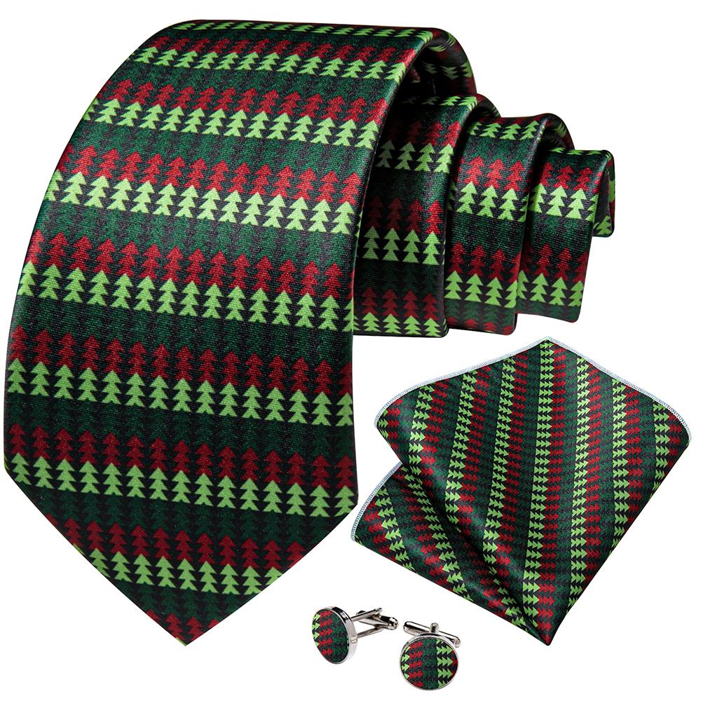 Dibangu Christmas Men's Tie Set Red Green Santa Claus Animal Tree Silk Juaquard Hanky Cufflinks Set Gift for Men