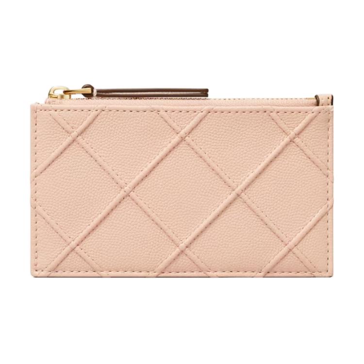 Tory Burch Fleming Pleated Quilted Zipper Card Holder Women Card Holder Pink 158613-650 Basic Set (Bag+Dust Bag)