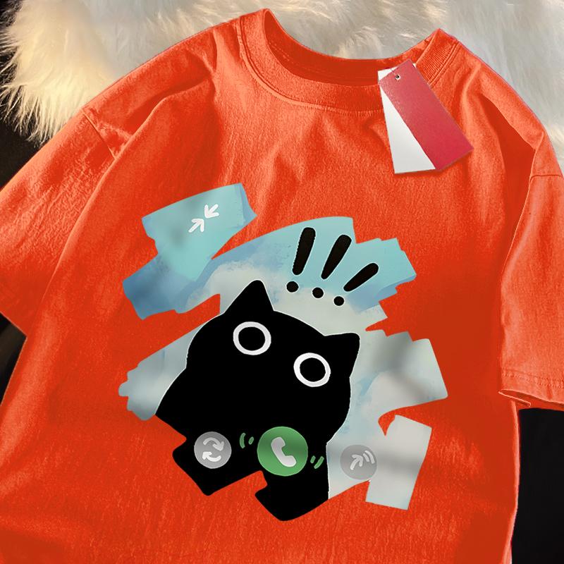 Funny Black Cat Japanese Style T Shirt Men Women Fashion Tshirts Summer 100% Cotton Tops Casual Loose Street T-Shirts