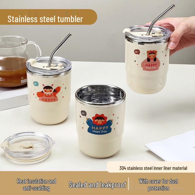 WORTHBUY 304 Stainless Steel Insulated Cartoon Straw Mug
