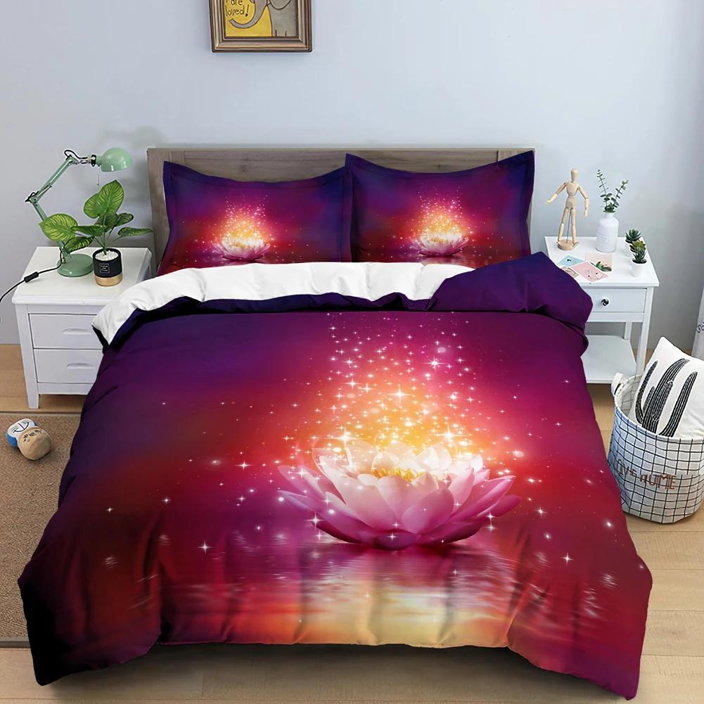 Galaxy Lotus King Size Full Twin Bettbezug Blau Blume Mond Bettwäsche-Set Für Teenager Erwachsene Böhmisch Floral 2/3-teilig Bettdeckenbezug