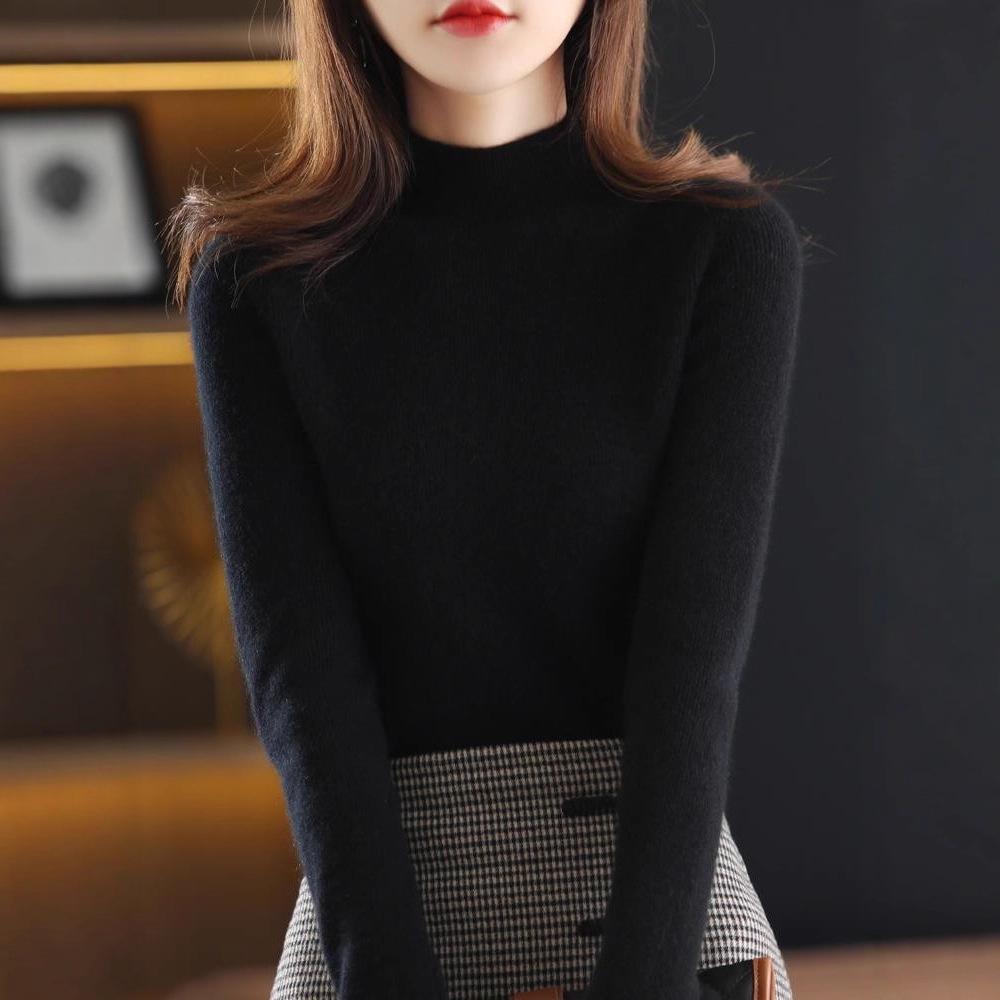 Women's Black Wool Semi-High Neck Base Layer Sweater - Soft, Comfortable, Slimming Fit for Autumn/Winter.