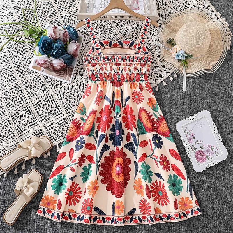 Girls' Fashionable Dress for Summer, Children's Casual Printed Halter Top Dress