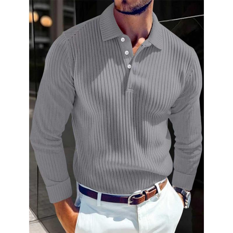 2025 New Men's T-shirt Knitted Lapel Business Button Slim Long-sleeved Polo Shirt