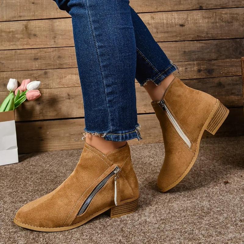 Bottines courtes pour femmes Printemps Rétro Fermeture éclair Talon haut Bottines courtes Mode femme Talon épais Chaussures décontractées pour femmes Zapatos