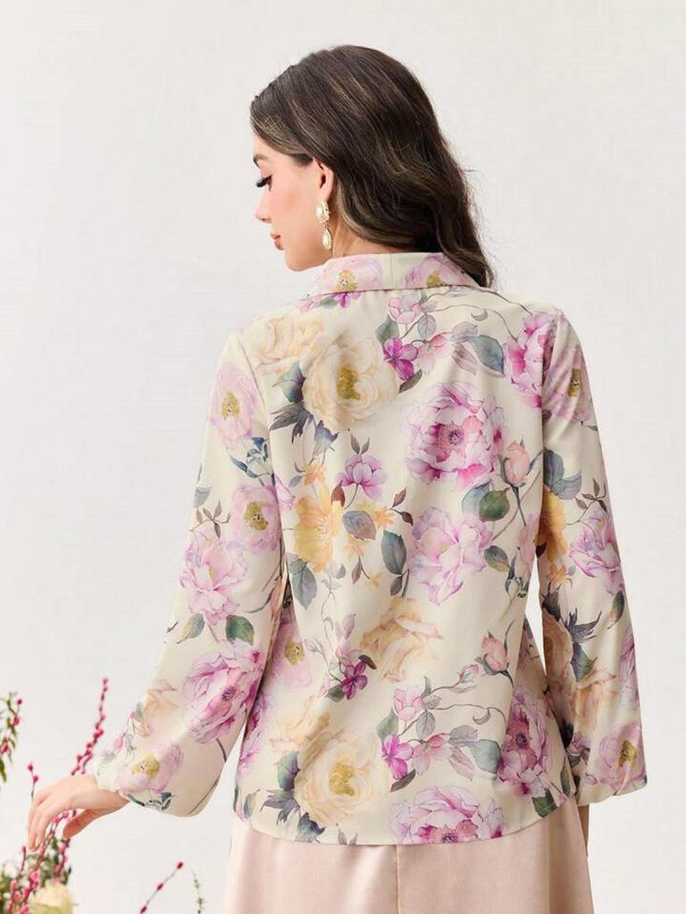 Chemise Femme Coupe Slim Manches Longues Imprimé Floral avec Nœud Papillon - Printemps/Été 2025