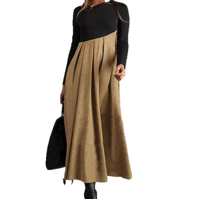 2025 Women's Woolen Patchwork Long Sleeve Dress Skirt - Autumn Winter Color Block